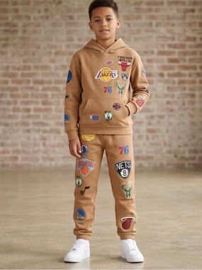 Hollister California ,NBA Logo Sweatpants & Hoodie Set - Tan